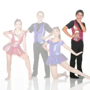 Four young dancers in colorful costumes pose together.