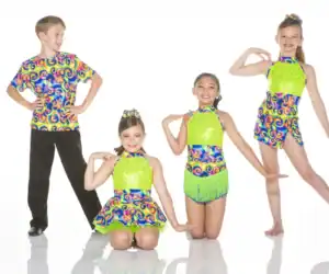 Four young dancers in colorful matching costumes pose together.