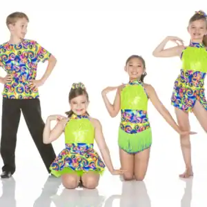 Four young dancers in colorful matching costumes pose together.