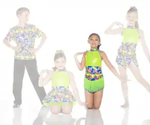 Four young dancers pose in colorful swirl-patterned costumes.