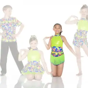 Four young dancers pose in colorful swirl-patterned costumes.