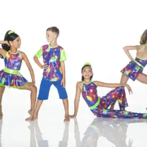 Children modeling colorful neon dance costumes on white background