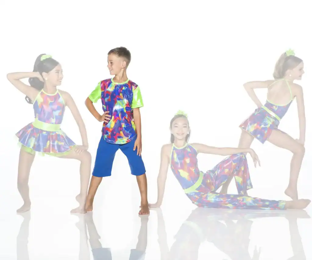 Children modeling colorful dance costumes against a white background