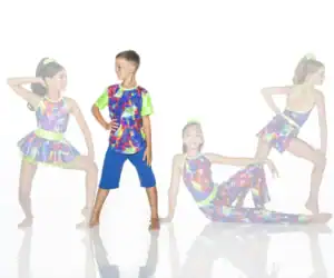 Children modeling colorful dance costumes against a white background