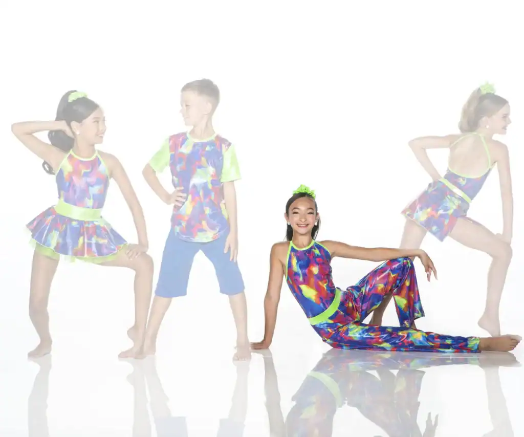 Children modeling colorful neon dance costumes against a white background