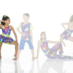 Four children pose in colorful neon dance costumes.