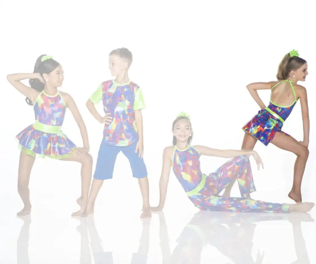 Four children model colorful neon dance costumes.