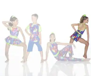 Four children model colorful neon dance costumes.