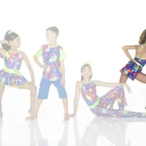 Four children model colorful neon dance costumes.