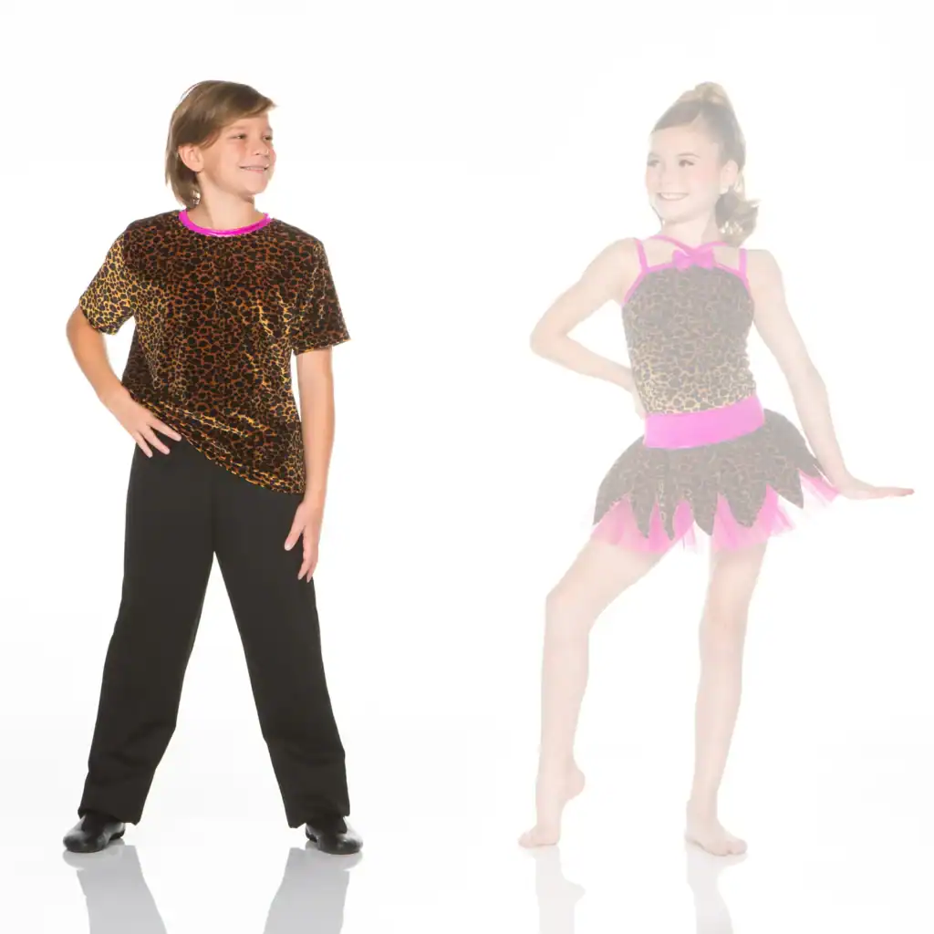 Two children model leopard-print dance costumes on white background.