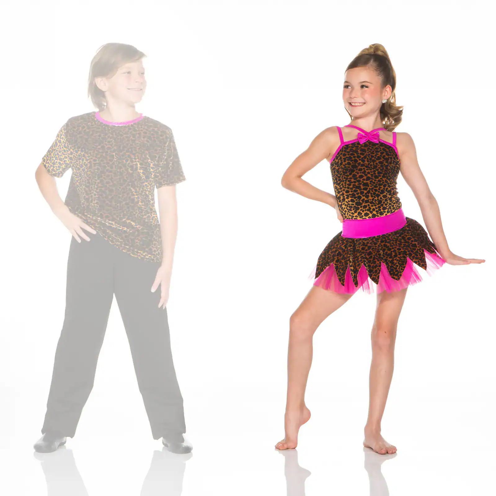 Girl posing in leopard-print dance costume with pink accents