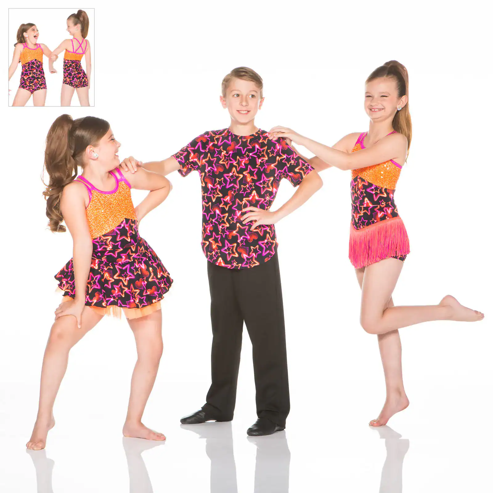 Three children wearing matching neon star dance costumes
