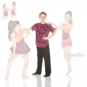 Three children model matching star-patterned dance costumes.