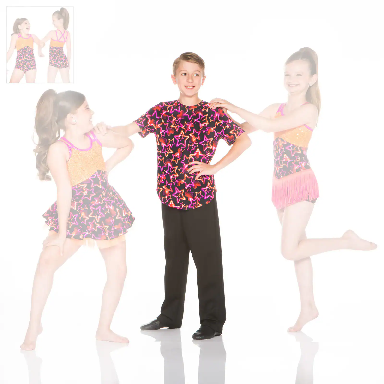 Three children model matching star-patterned dance costumes.