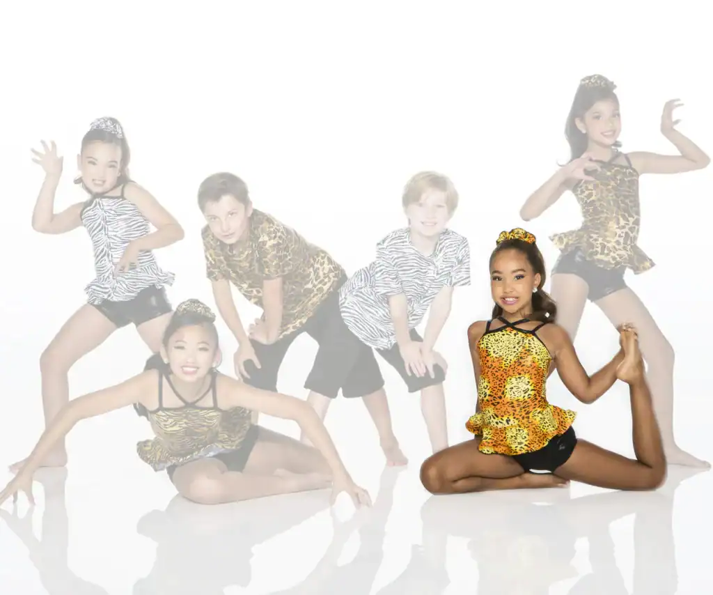 Young dancers pose in animal-print costumes