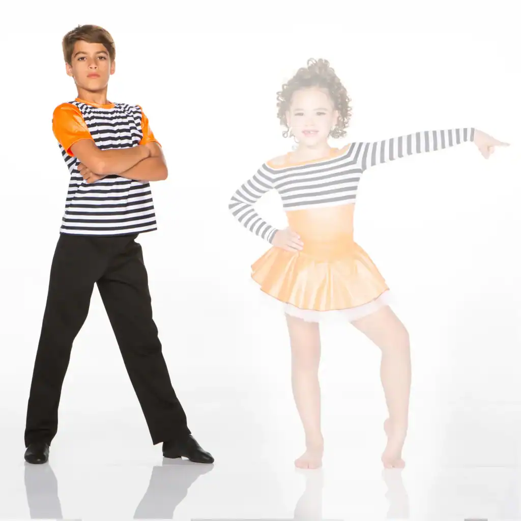 Two children posing in striped dance costumes