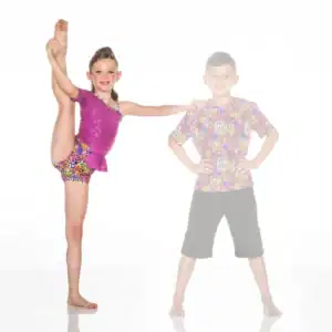 Young dancer performs a standing split beside smiling boy
