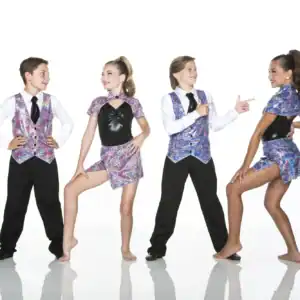 Four young dancers wearing colorful matching costumes pose together.