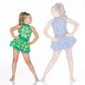 Two girls modeling colorful iridescent dance costumes