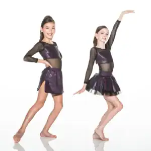 Two young dancers wearing sparkling black costumes pose.