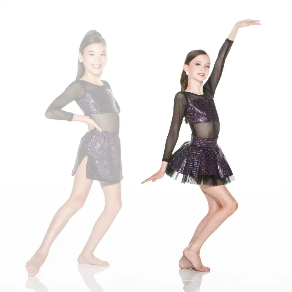 Young dancer modeling black sparkly dance costume