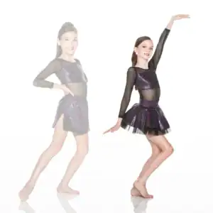 Young dancer modeling black sparkly dance costume