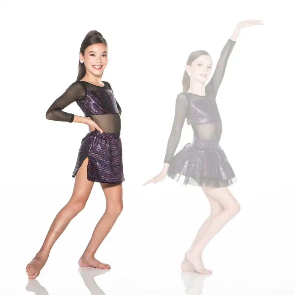 Young dancer modeling sparkly black costumes in two poses