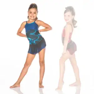 Young dancer modeling blue fringed costume, with faded pink version behind.