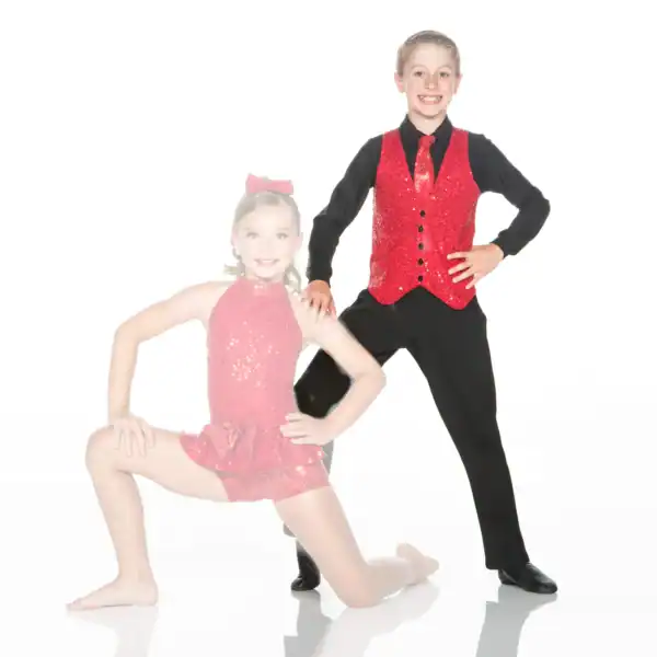 Young dance partners pose in sparkling red costumes.