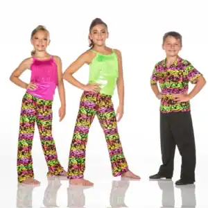Three children model colorful neon dance costumes against white background.