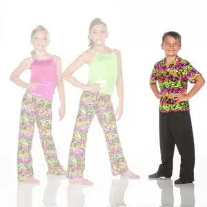 Three children wearing colorful dance costumes against white background