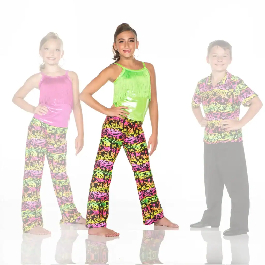 Three children modeling colorful retro dance outfits