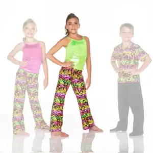 Three children modeling colorful retro dance outfits