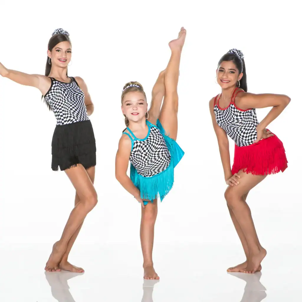 Three dancers in checkered costumes pose against white background.