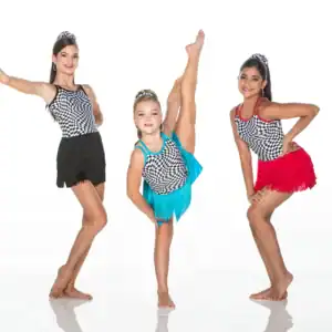 Three dancers in checkered costumes pose against white background.