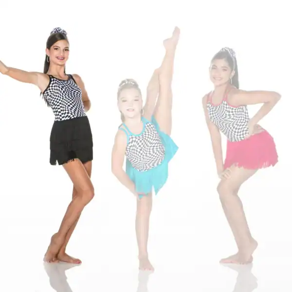 Three young dancers in checkered costumes pose against white background.