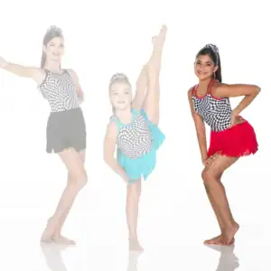 Three dancers in checkered costumes pose against white background.