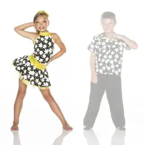Girl and faded boy wearing matching floral dance costumes
