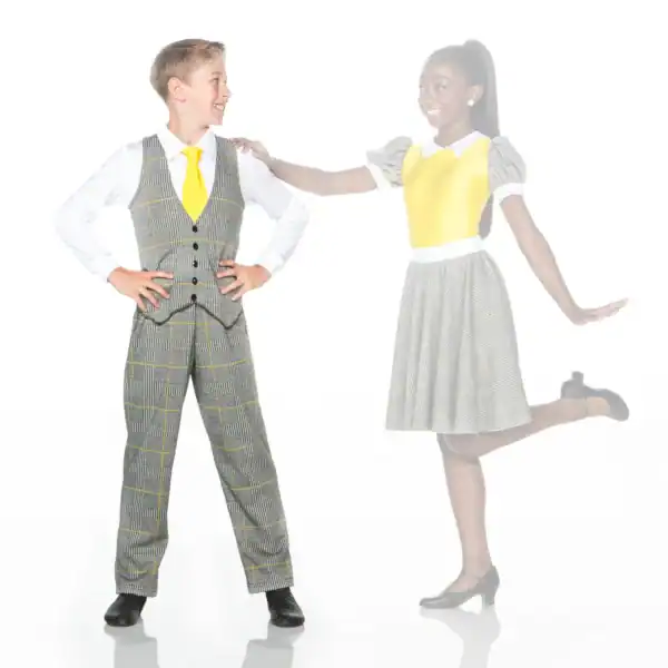 Two children wearing coordinated gray plaid and yellow outfits