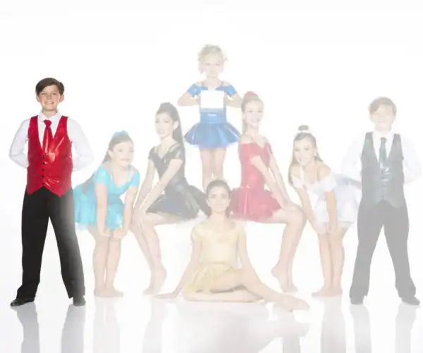 Young dancers in colorful costumes pose for a group photo.