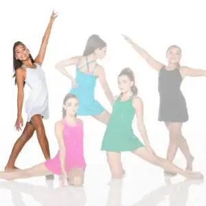 Five dancers pose in colorful sparkly dresses.