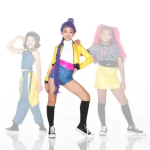 Three girls pose in colorful, retro-inspired outfits.