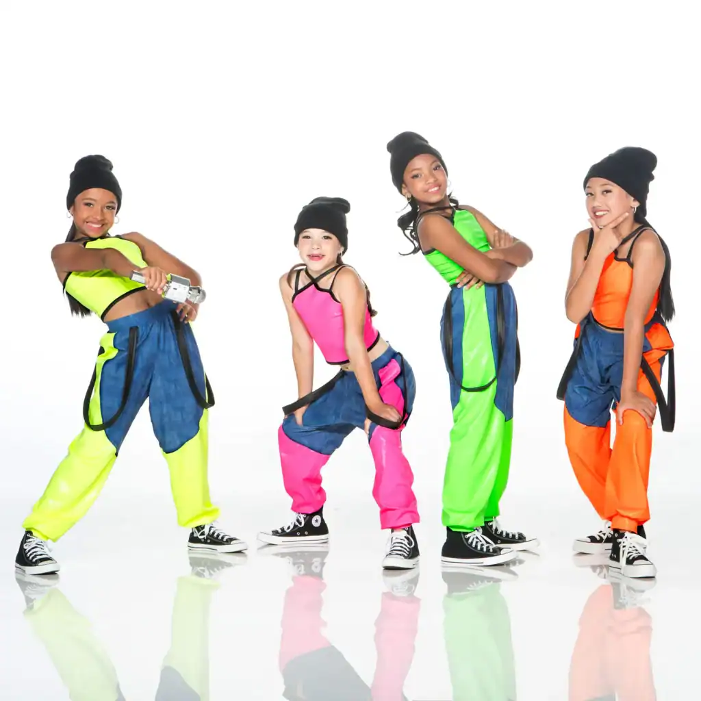 Four young dancers in neon hip-hop outfits posing together