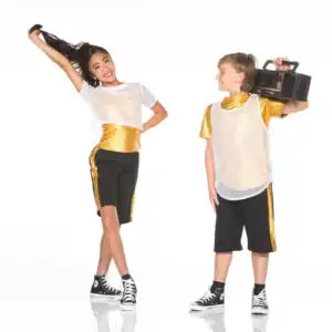 Two children in gold hip-hop outfits, one holding boombox.