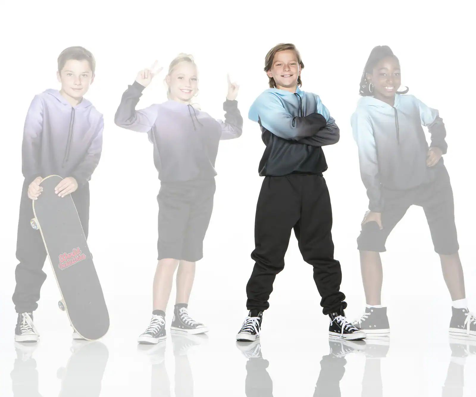 Four children modeling hoodies and sneakers, one holding skateboard