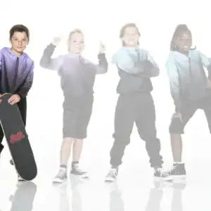 Four children in hoodies pose with a skateboard.
