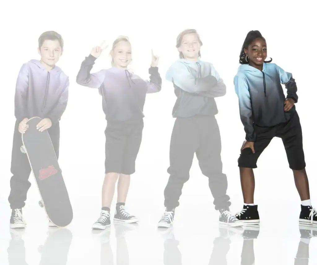 Four kids in hoodies pose against a white background.
