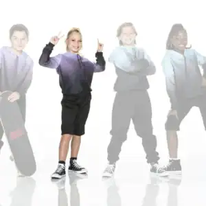 Four children modeling hoodies and sneakers, one holding skateboard
