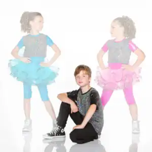 Three children in colorful glittery dance costumes