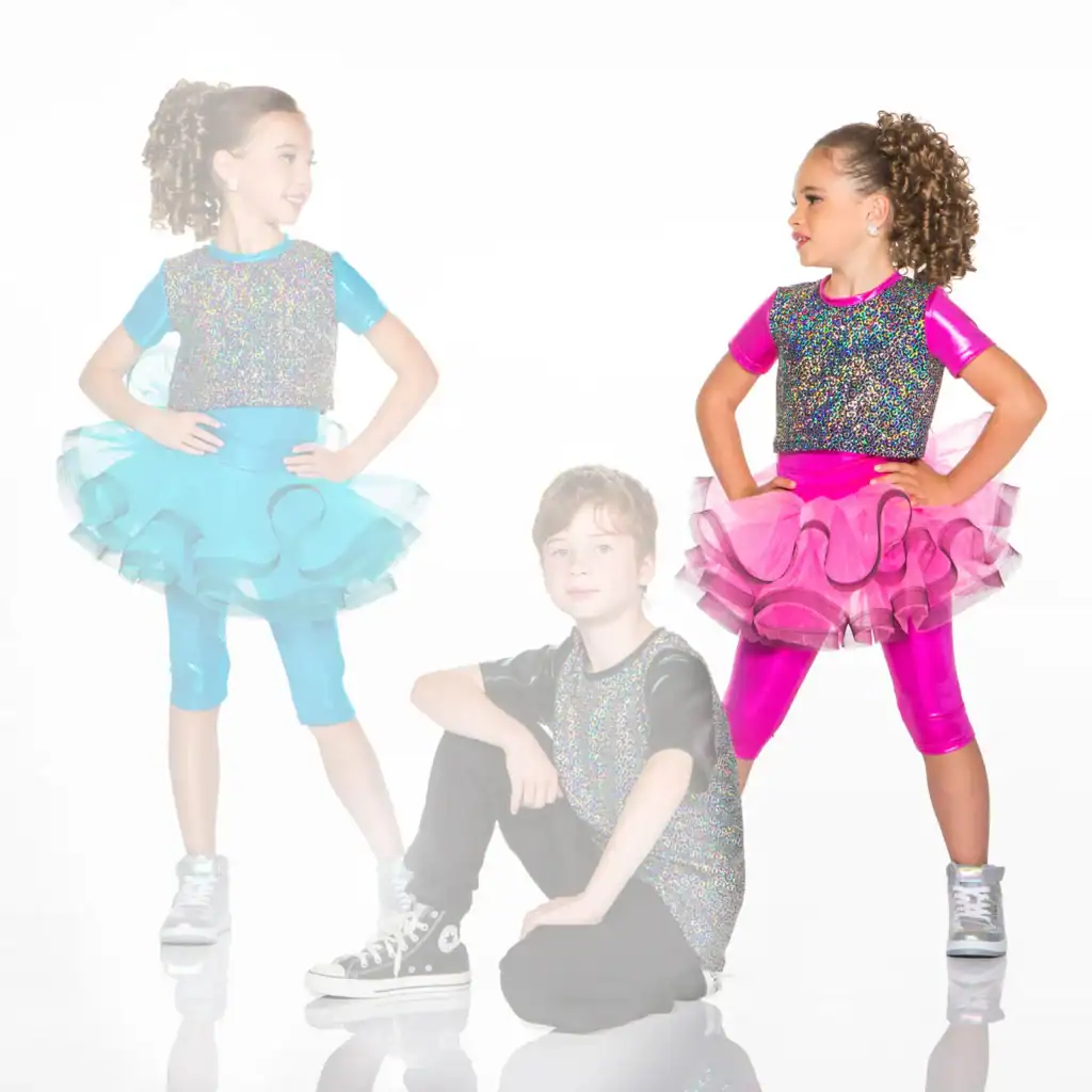 Three children modeling glittery dance costumes on white background